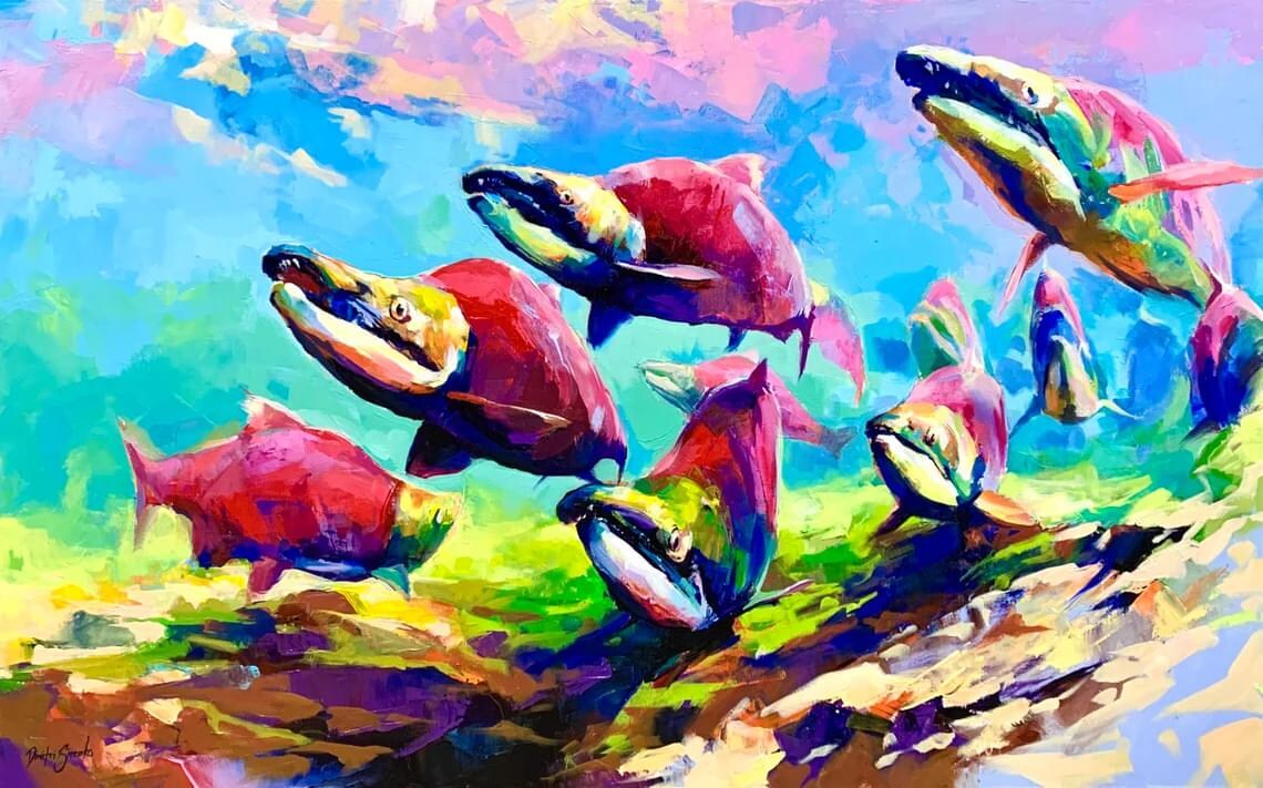 Art Print Crimson Run Paper Salmon Poster Fishing Salmon Run Wildlife Painting Coastal Art Home Decor Bedroom Bathroom