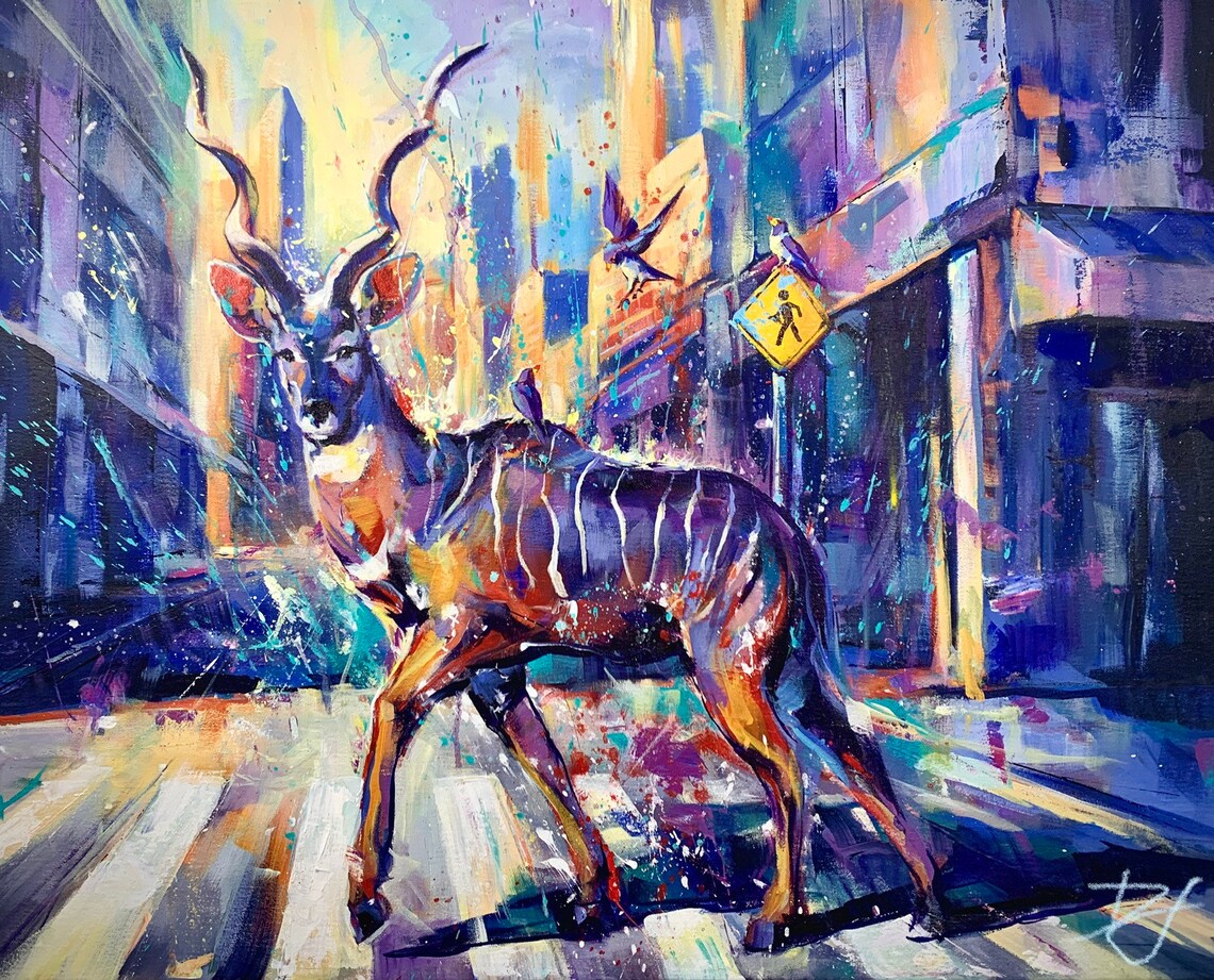 Kudu Antelope Crossing City Street Colorful Urban Wildlife Art Poster