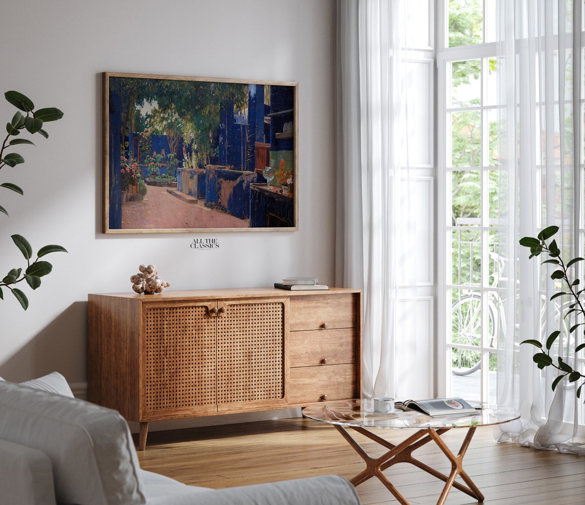 Vibrant Blue Courtyard Sunlit Garden Patio Vintage Painting Wall Art - Image 2