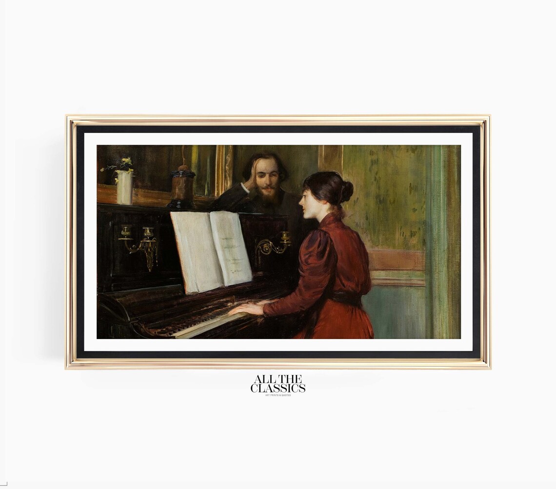 Victorian Woman in Red at the Piano with a Gentleman Vintage Poster - Image 3