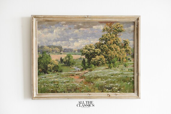 Vintage Spring Meadow Stream Landscape Rustic Oil Painting Poster