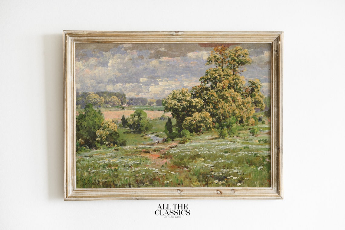 Vintage Spring Meadow Stream Landscape Rustic Oil Painting Poster