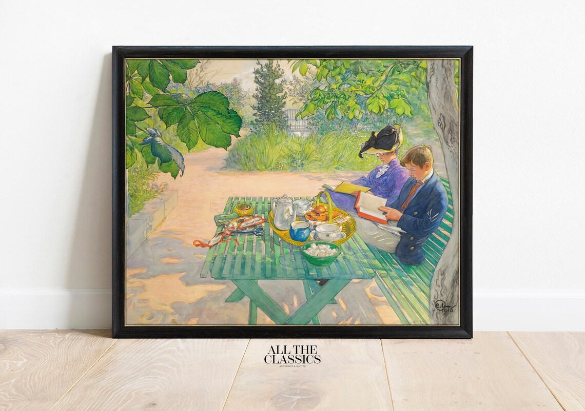 Carl Larsson Holiday Reading Family Garden Tea Bright Watercolor Art Poster - Image 3