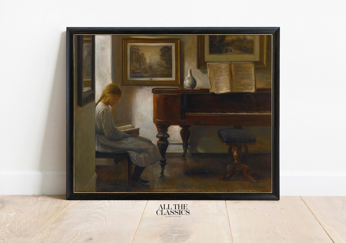 Young Girl Reading Beside a Piano in a Quiet Interior Poster - Image 3