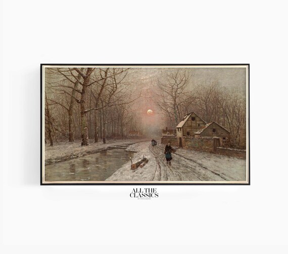Abend Snowy Village Dusk Moonrise Winter Landscape Painting Poster