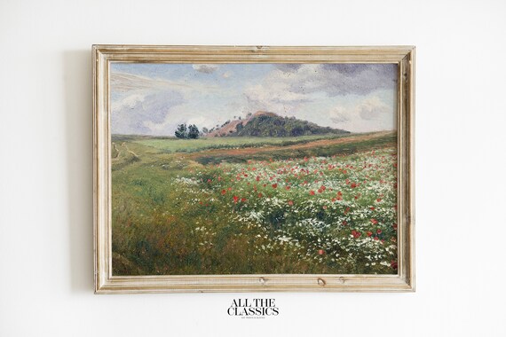 Red Poppy Meadow With White Wildflowers Vintage Landscape Poster