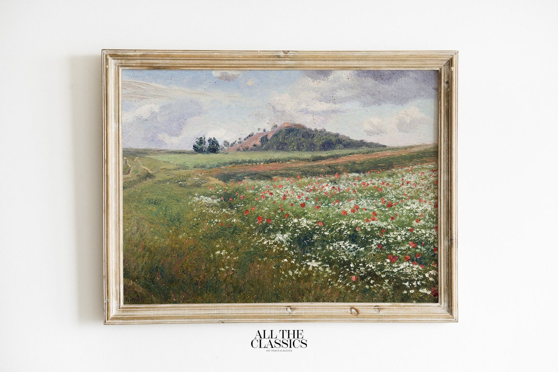 Red Poppy Meadow With White Wildflowers Vintage Landscape Poster
