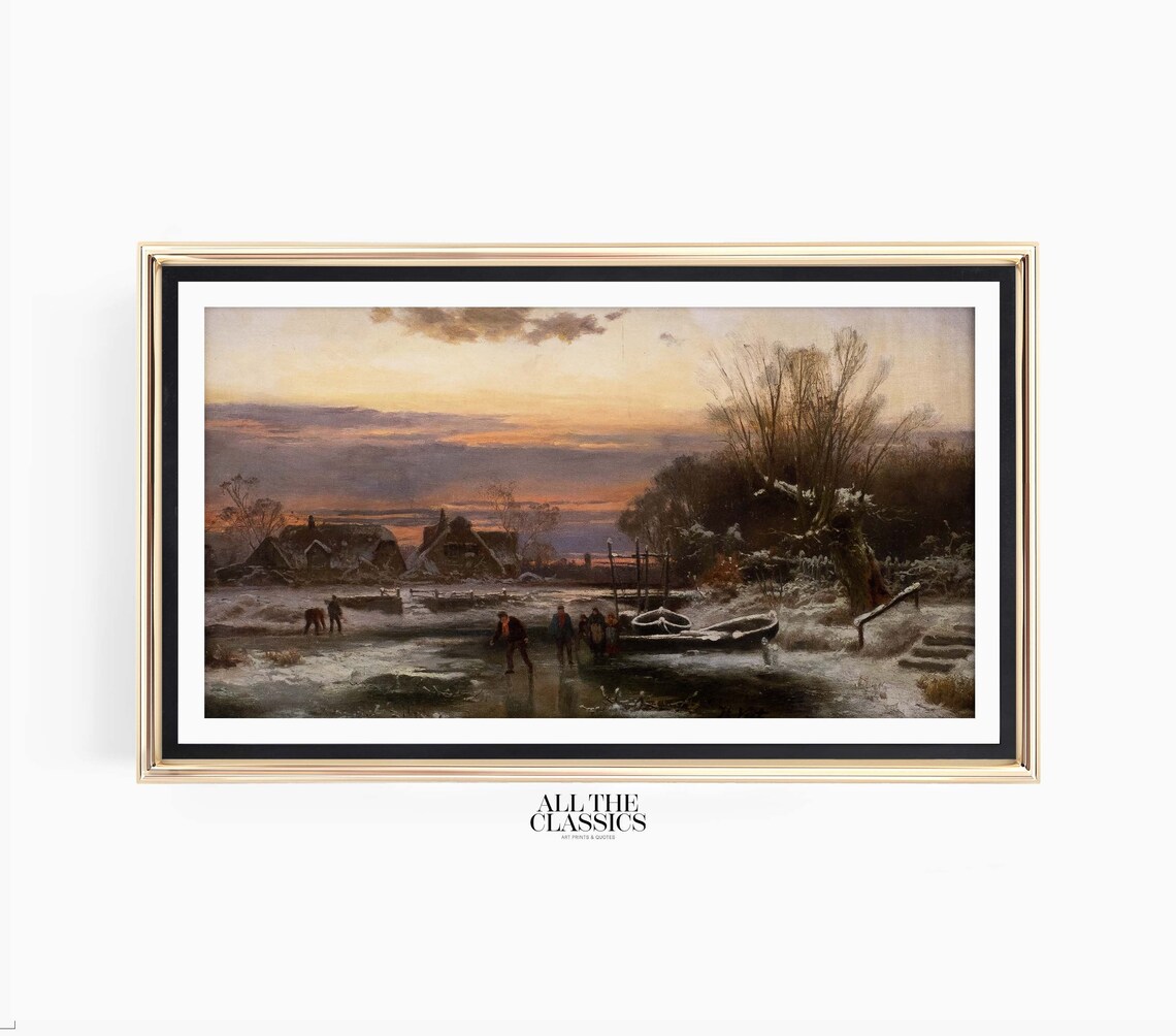 Winter Evening Sunset Frozen River Cottage Scene Vintage Painting Poster - Image 3