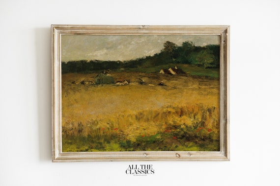 Vintage Art Print Wall Art Dramatic Rustic Landscape Bold Gold Green Colors Wheat Field William Merritt Chase