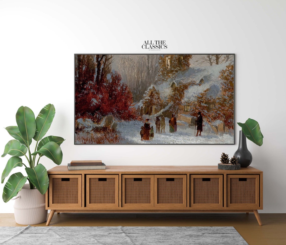 Snowy Christmas Village with Villagers in Falling Snow Poster - Image 2