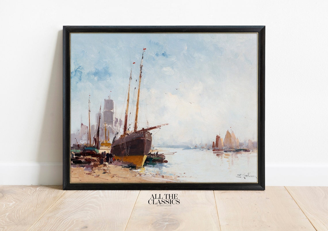 Impressionist Harbor Scene With Tall Sailing Ships Blue Art Poster - Image 3