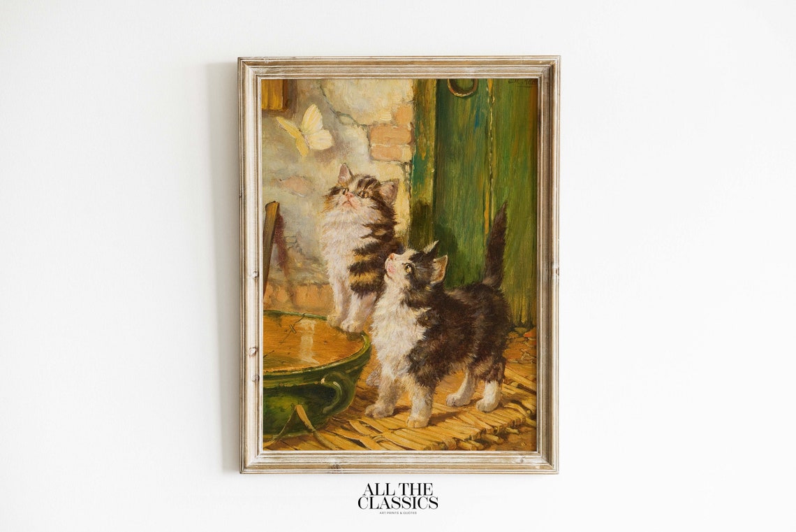 Two Fluffy Kittens Watching Butterfly Vintage Oil Painting Poster