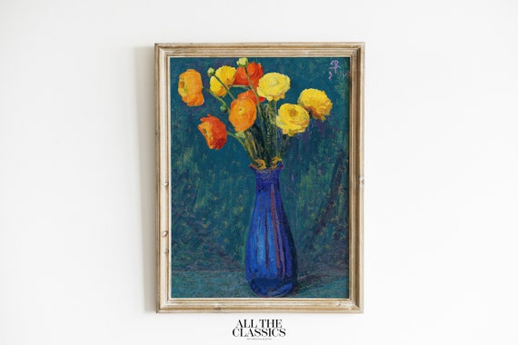 Vintage Art Print Wall Art Modern Still Life Flower Bouquet Bold Blue And Yellow Anemones In Blue Vase Sigismund Righini