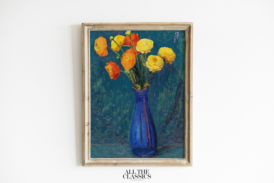 Yellow Ranunculus Flowers in Blue Vase Still Life Vintage Poster