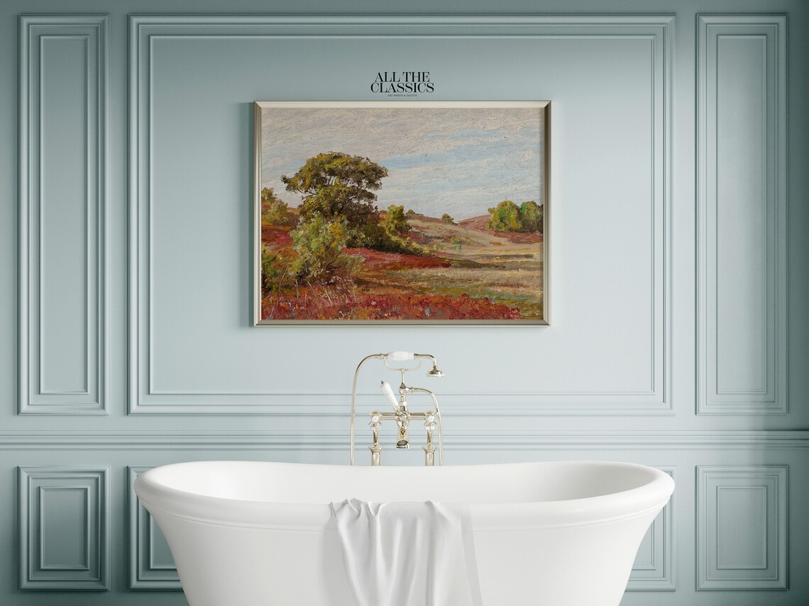 Autumn Red Field Trees Vintage Rural Landscape Painting Print - Image 3