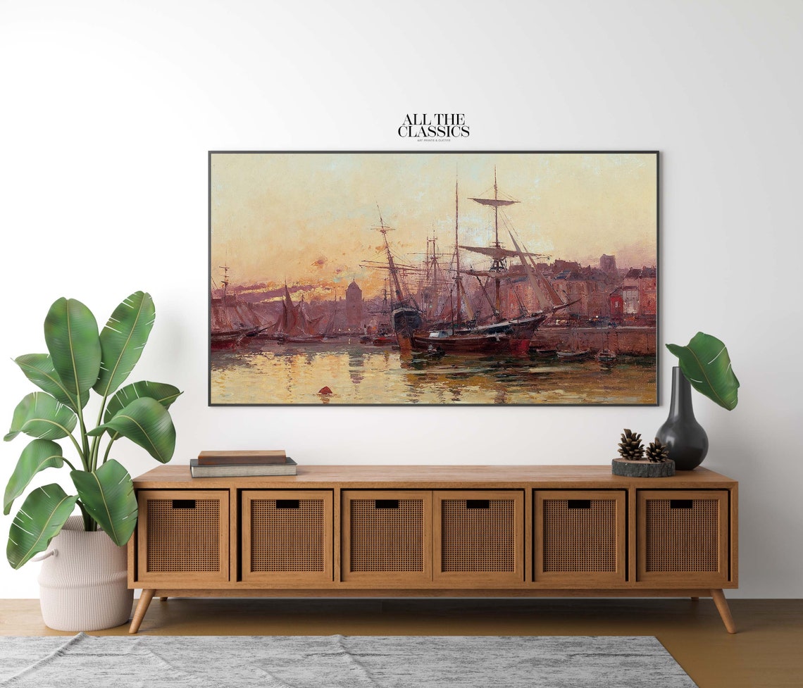 Sunset Harbor Tall Ships Golden Reflections Nautical Wall Art - Image 2