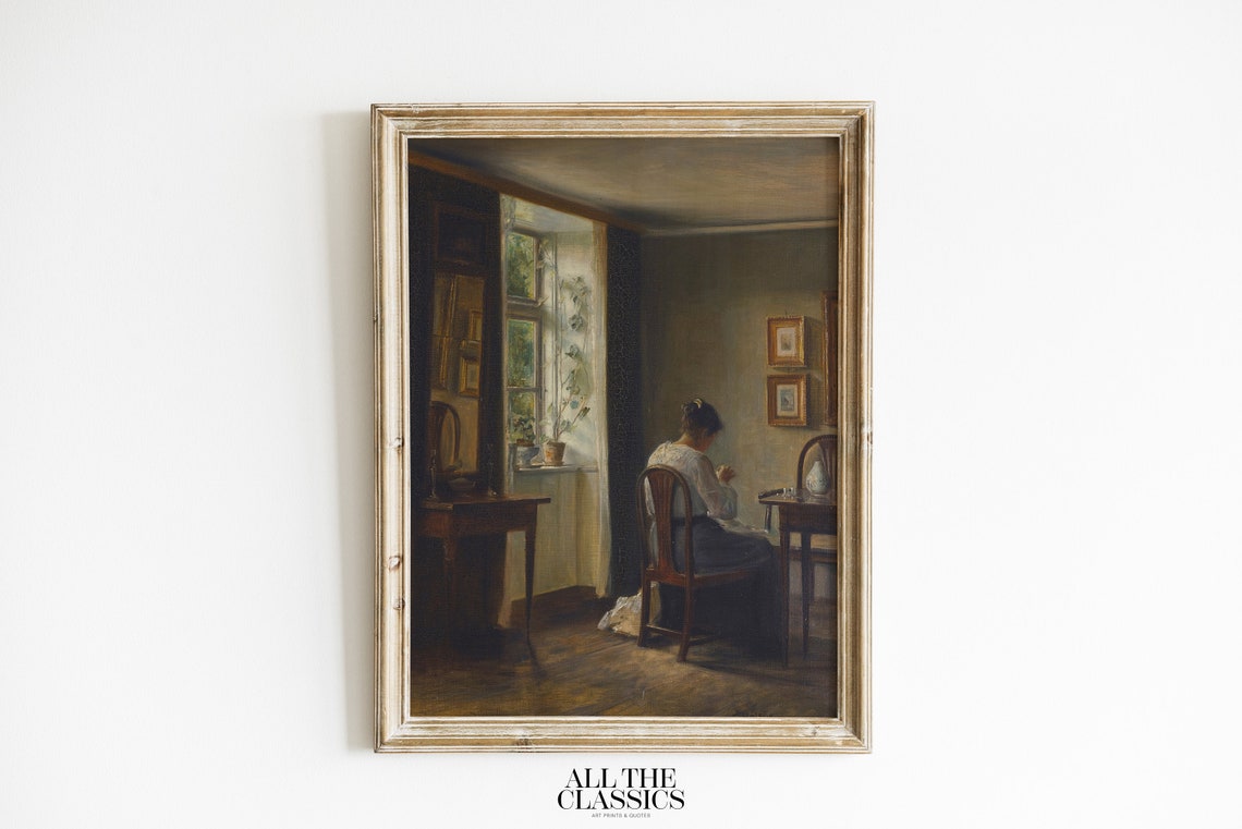Victorian Seamstress Sewing by the Window Rustic Vintage Poster
