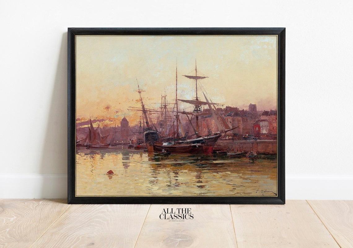 French Harbor Sunset Tall Ships Vintage Nautical Seascape Poster - Image 3