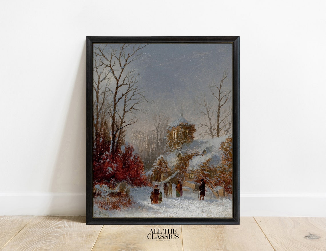 Snowy Village Church Winter Path Figures Vintage Landscape Poster - Image 3