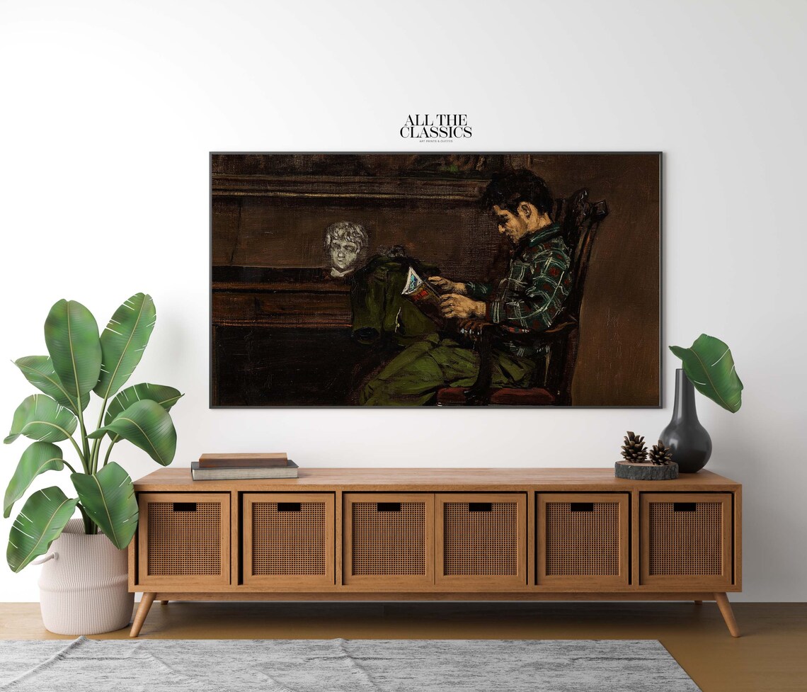 Moody Man Reading in Armchair Dark Vintage Oil Painting Poster - Image 2