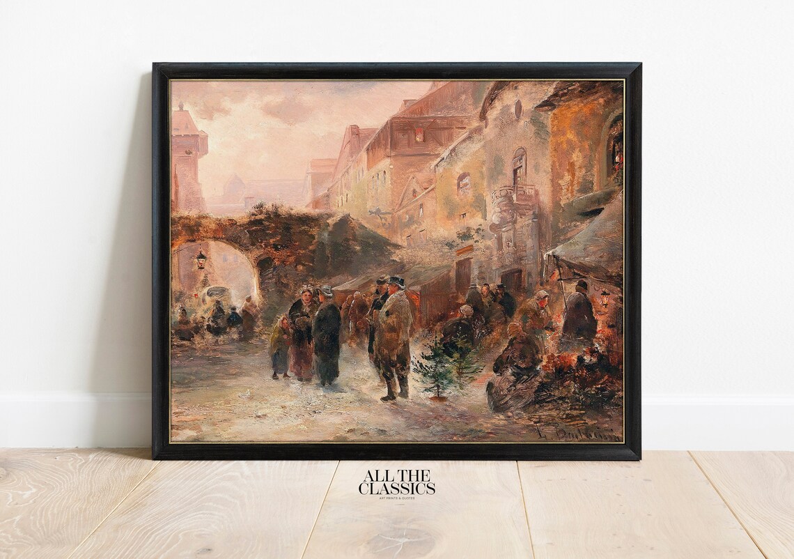 Winter Village Market Christmas Tree Snowy Street Vintage Poster - Image 3