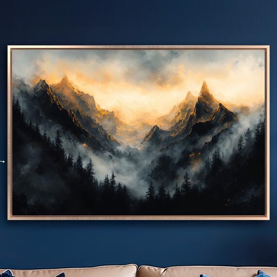 Dramatic Mountains Framed Wall Art Misty Mountain Forest Landscape Painting Print Nature Wall Decor Scenery Poster Ready To Hang Gift
