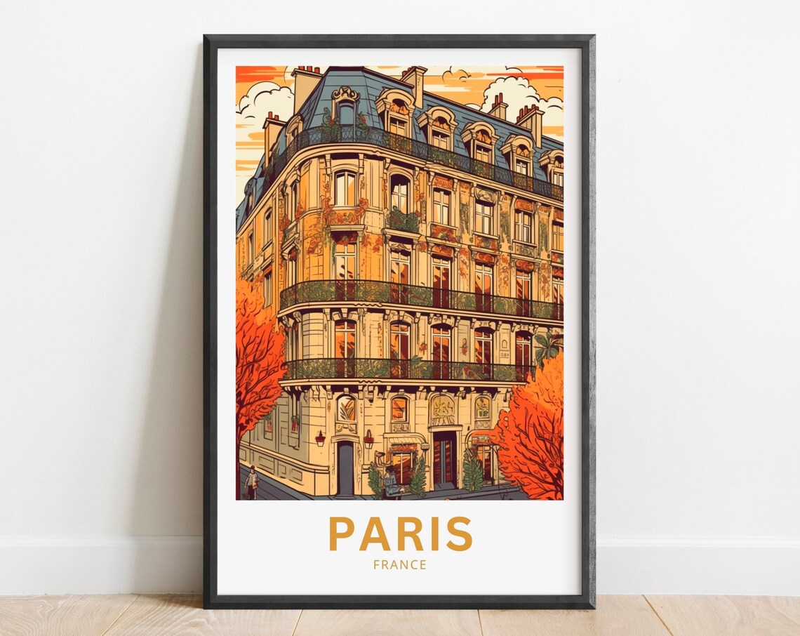Paris Haussmann Building Autumn Street France Vintage Travel Poster