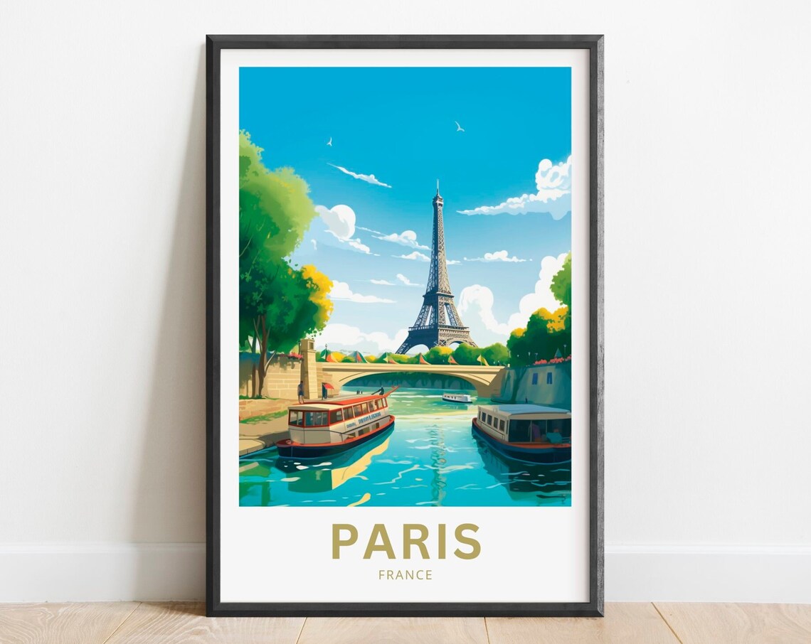 Paris Eiffel Tower Seine River Boats France Vintage Travel Poster