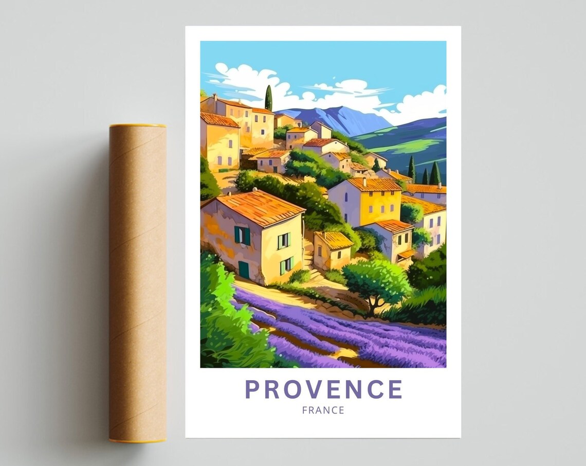 Provence France Hilltop Village and Lavender Fields Travel Poster