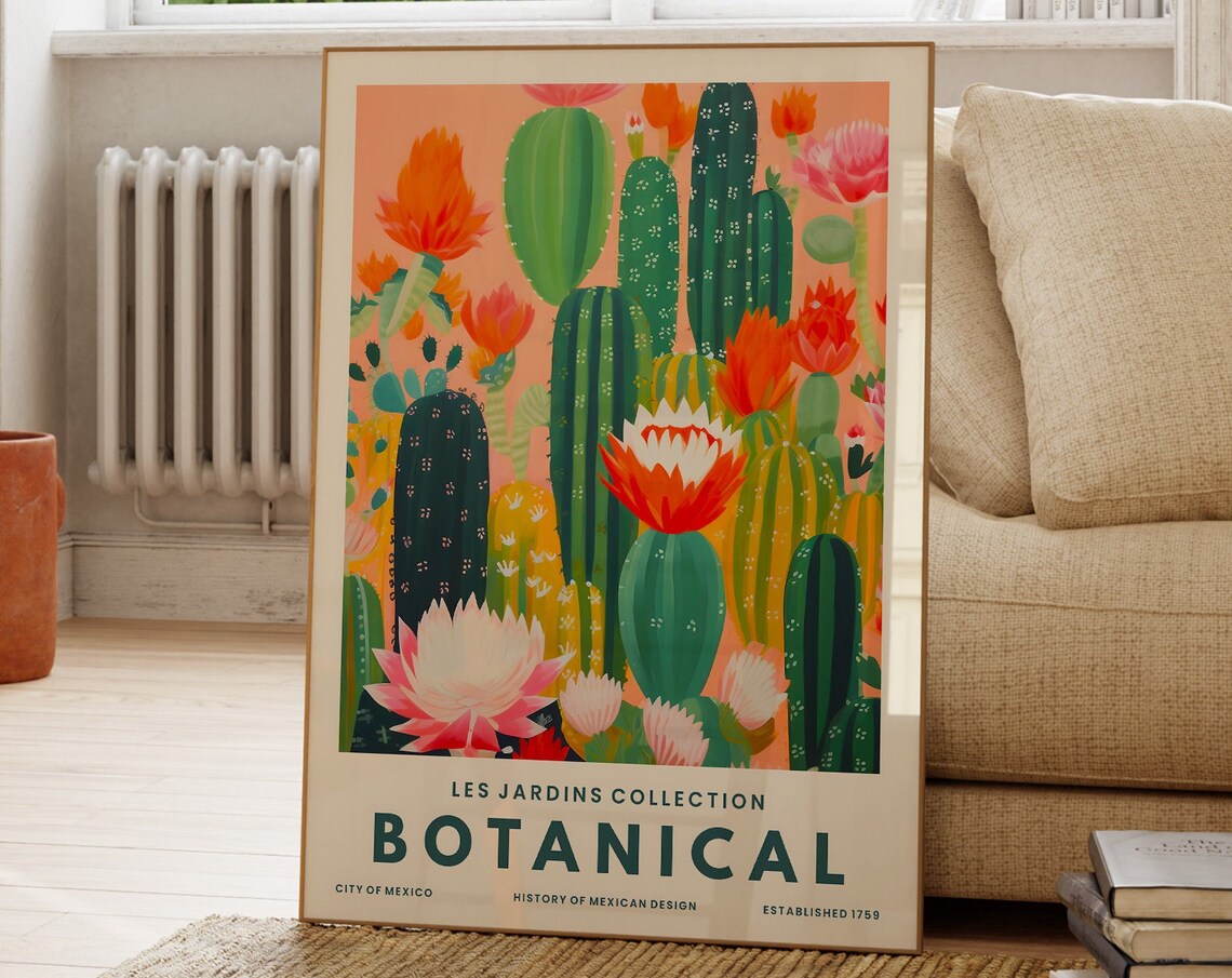 Green Cactus Orange Flowers Mexican Botanical Les Jardins Poster