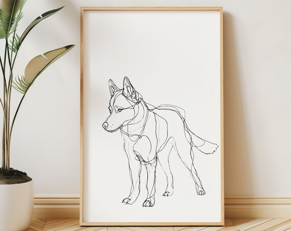 Siberian Husky Wall Art Print Minimal Line Drawing Poster Ugly Cute Badly Drawn Pet Portrait Mid Century Modern Gift Dog Owner