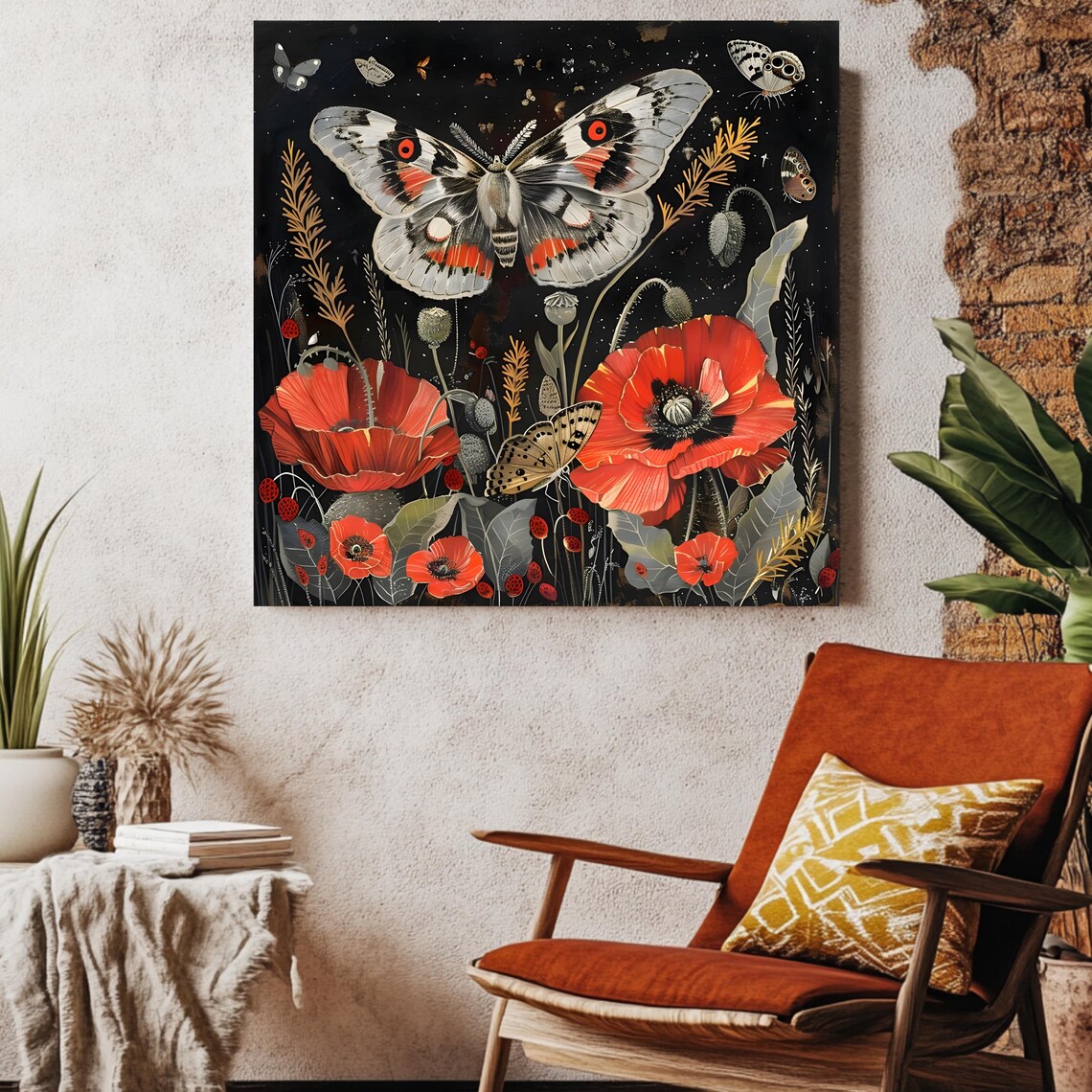 Moths And Poppies, Cottagecore Vintage Botanical Art Print - Image 2