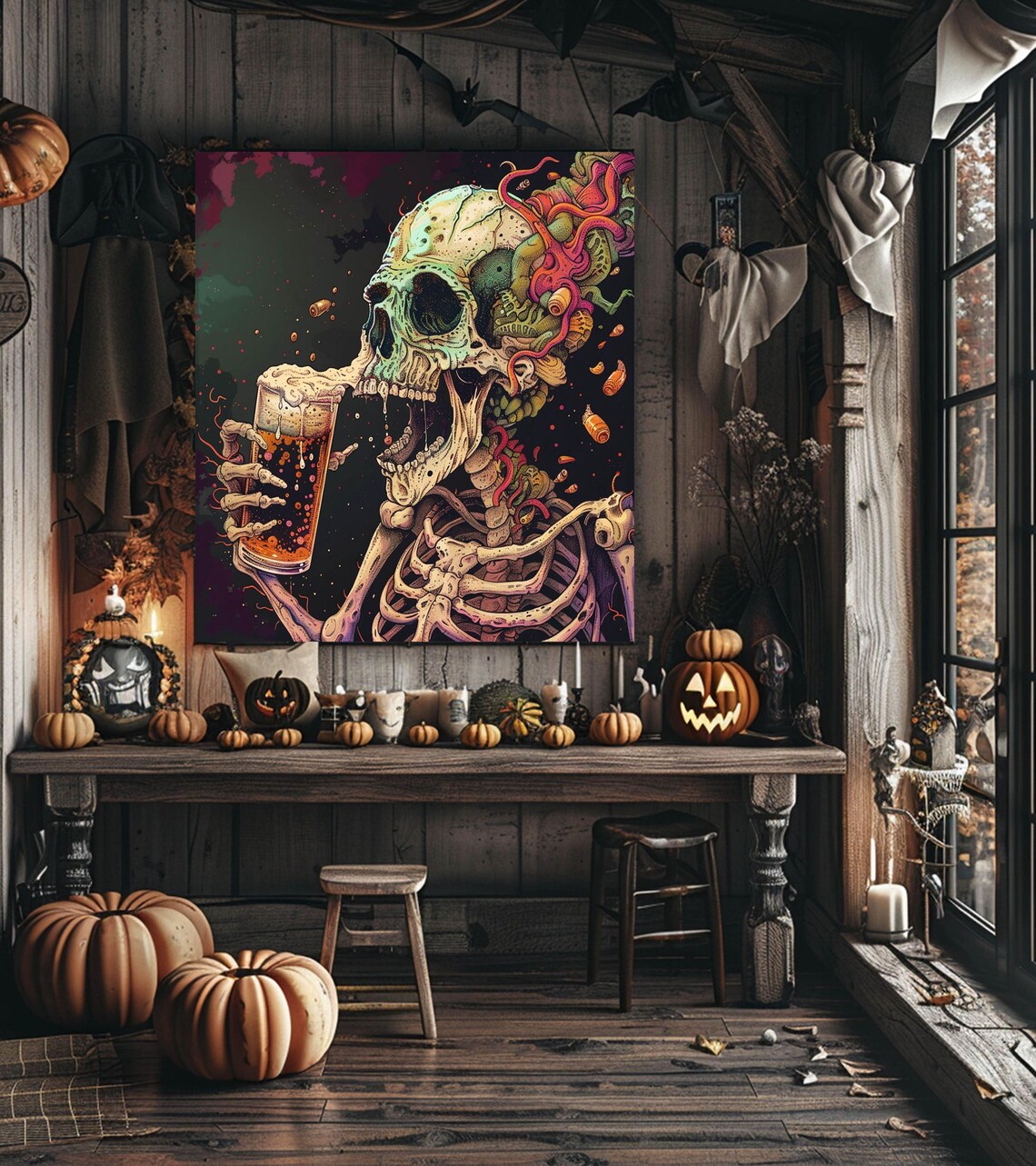 Funny Skeleton Drinking Beer, Halloween Decor - Image 3