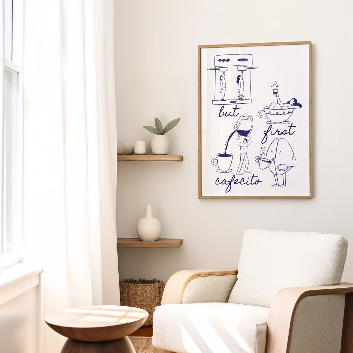 But First Cafecito Coffee Whimsical Navy Line Art Kitchen Poster - Image 3