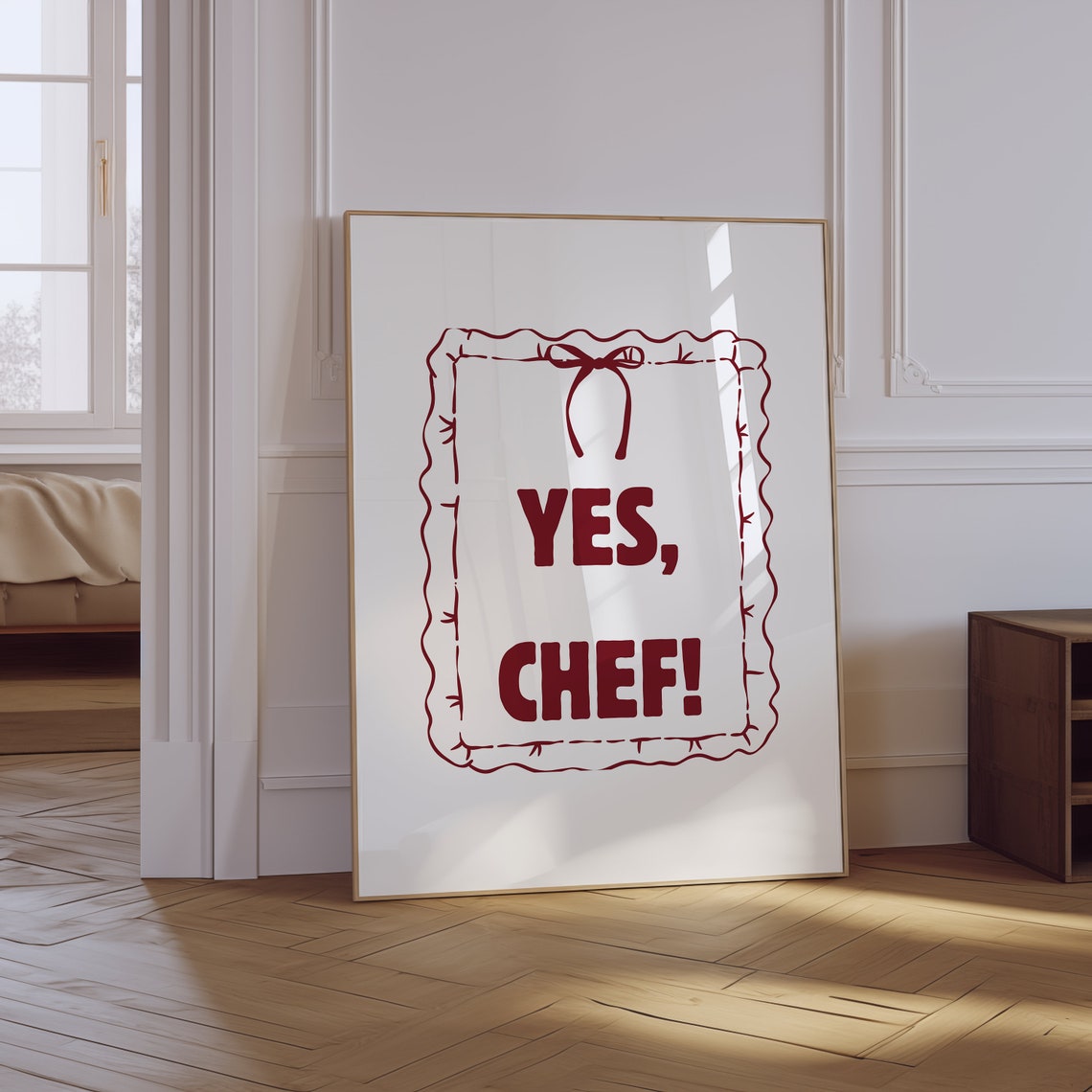 Yes Chef Bold Typography Scalloped Bow Frame Red Kitchen Poster