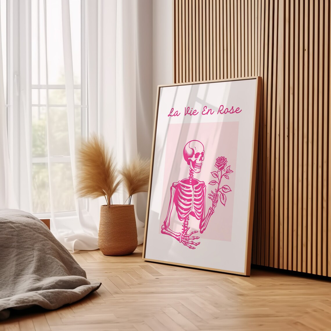 La Vie En Rose Hot Pink Skeleton Holding Rose Gothic Coquette Poster - Image 2