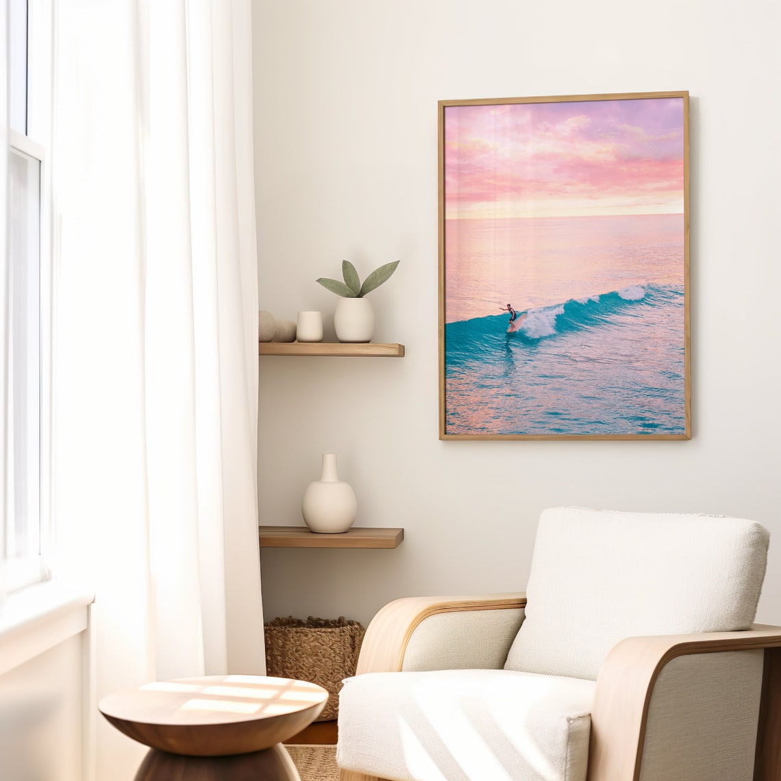 Surfer Riding Sunset Glassy Wave Pink Sky Turquoise Ocean Poster - Image 2