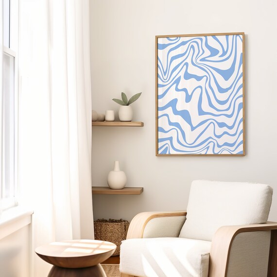 Blue White Wavy Abstract Lines Modern Minimal Aesthetic Wall Art