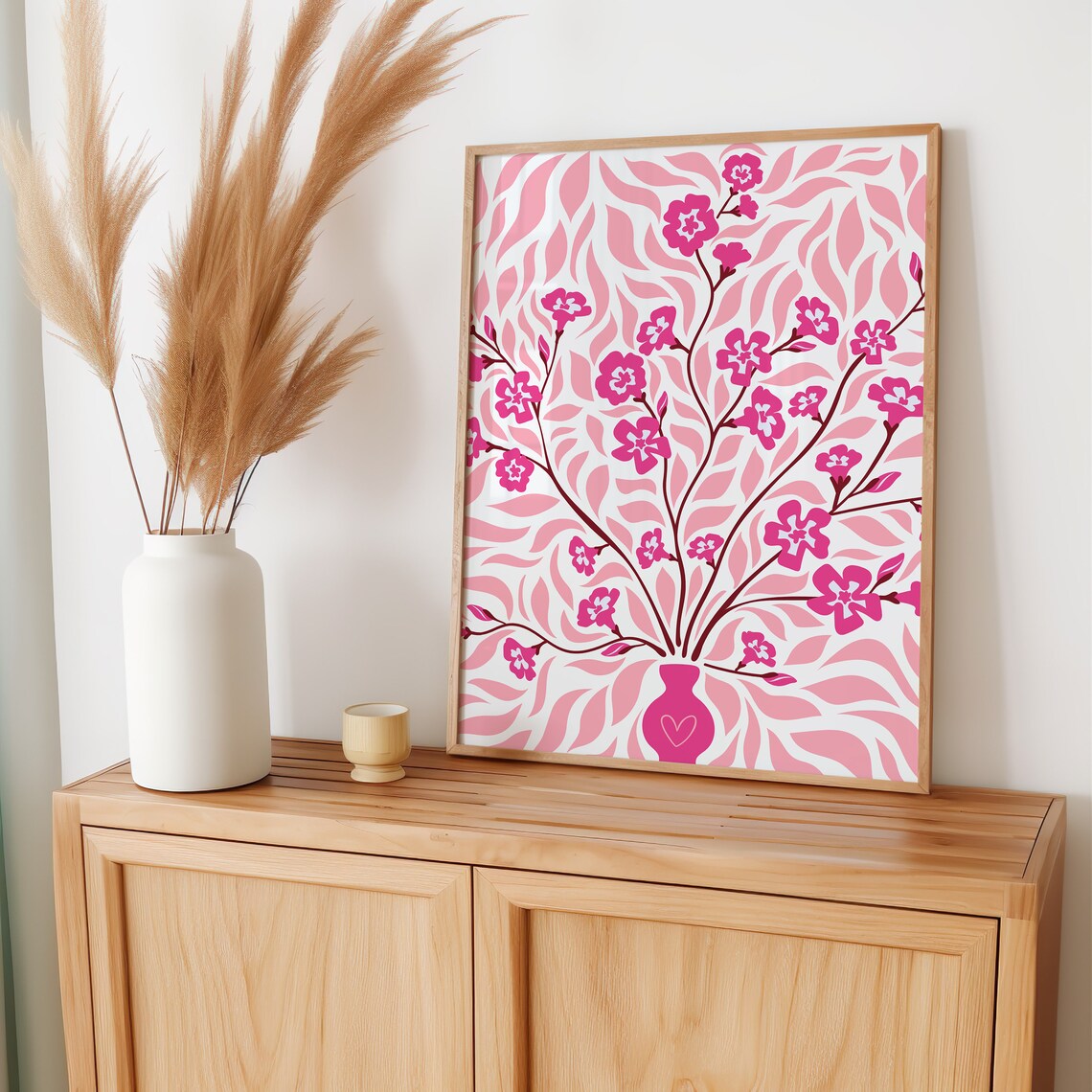 Pink Cherry Blossom Botanical Vase With Heart Retro Floral Wall Art - Image 4