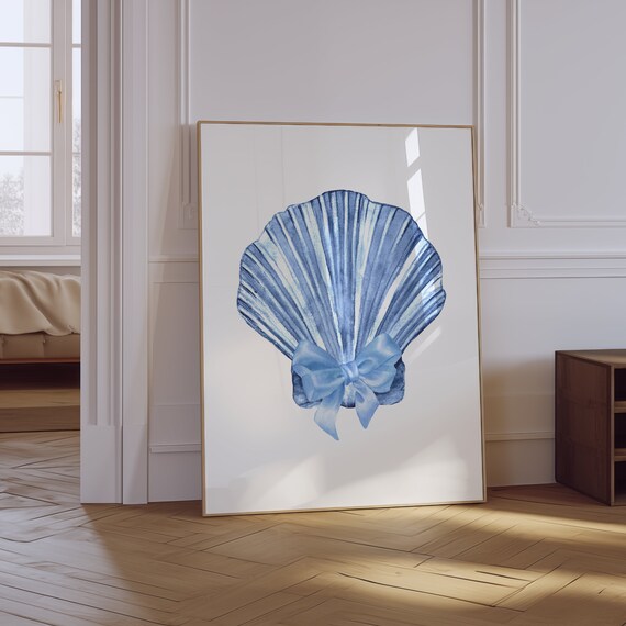 Blue Watercolor Scallop Seashell Bow Coastal Beach House Art Poster