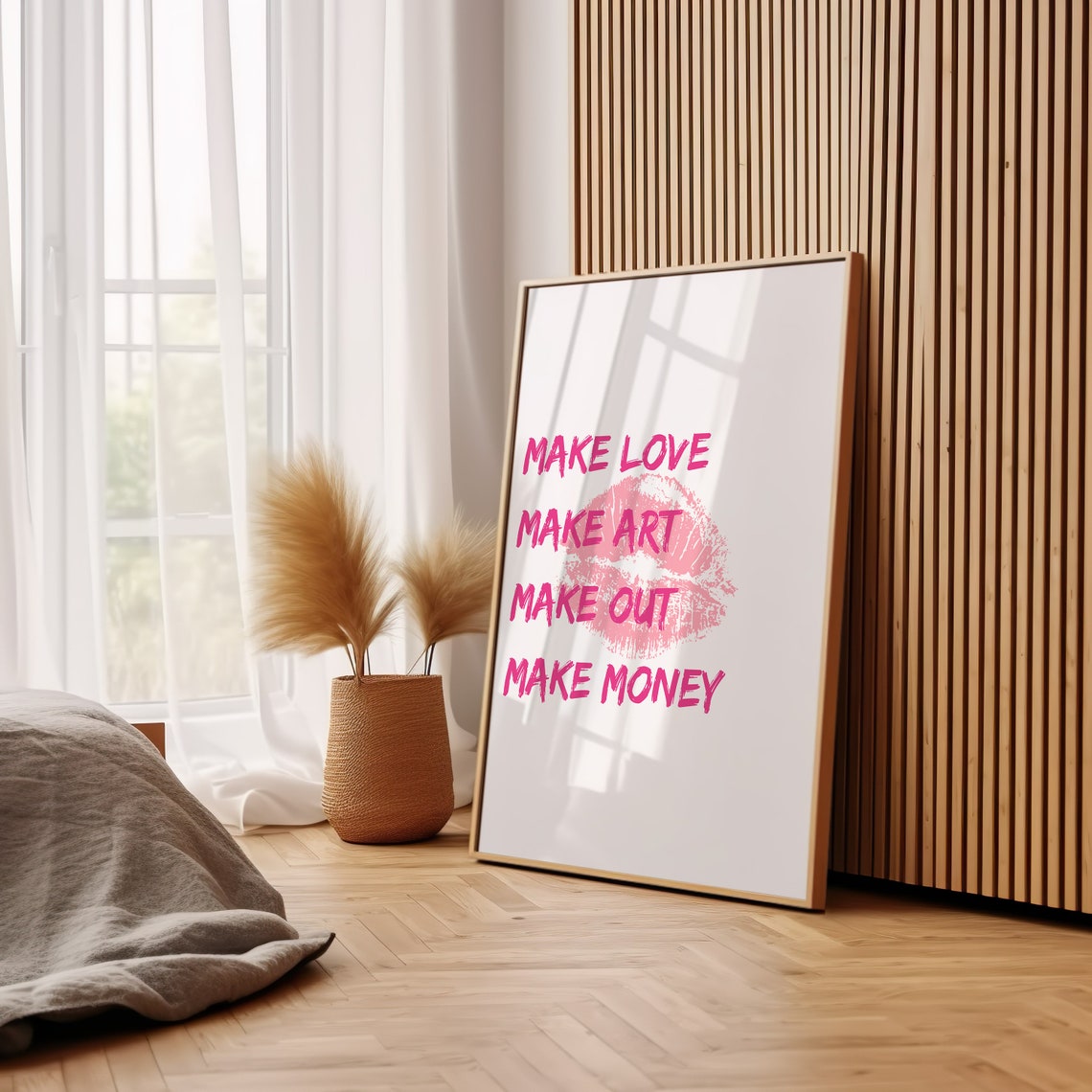 Make Love Make Art Make Out Make Money Pink Lips Quote Art Poster - Image 3