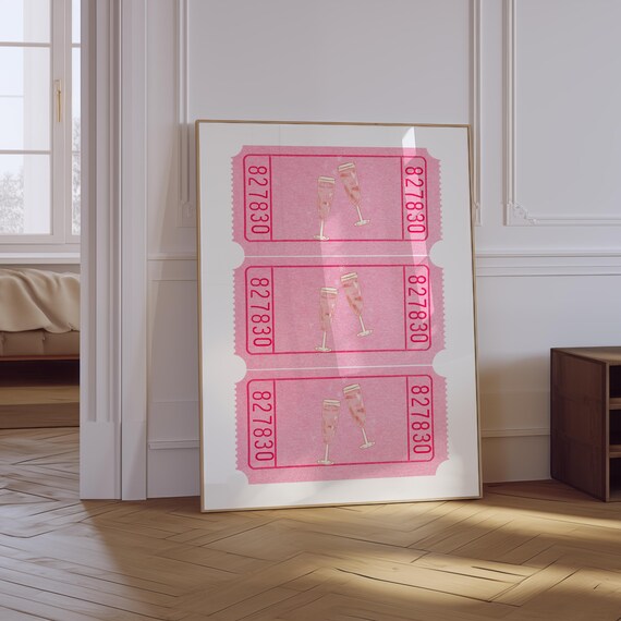 Champagne Flutes Pink Ticket Stub Trio Retro Party Bar Cart Poster