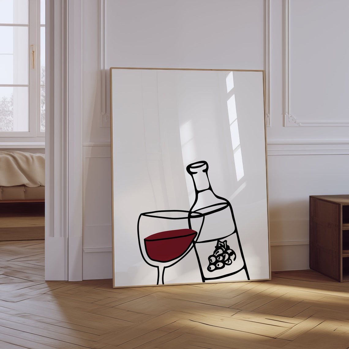 Red Wine Bottle and Glass Minimalist Black Line Art Kitchen Poster
