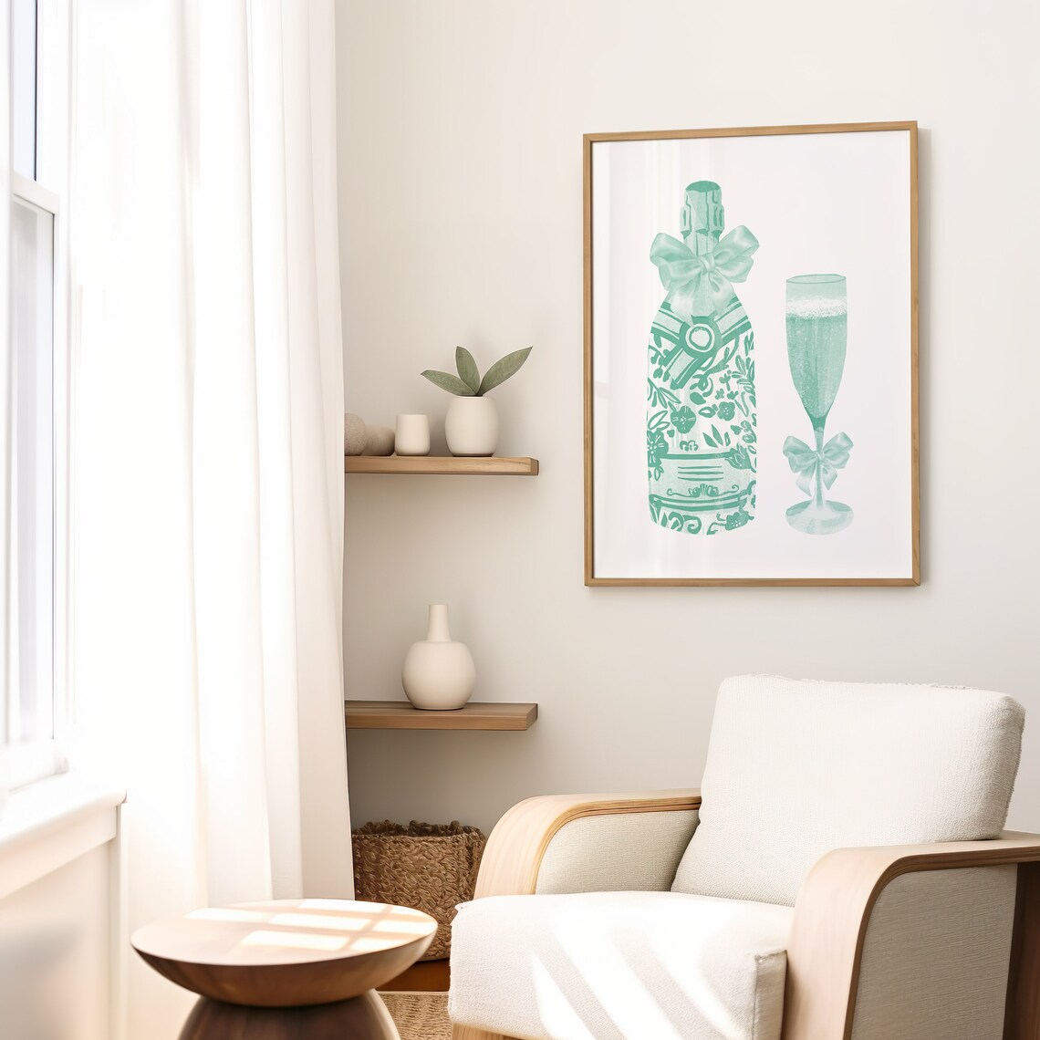 Sage Green Champagne Bottle With Bow And Flute Celebratory Bar Cart Print - Image 2