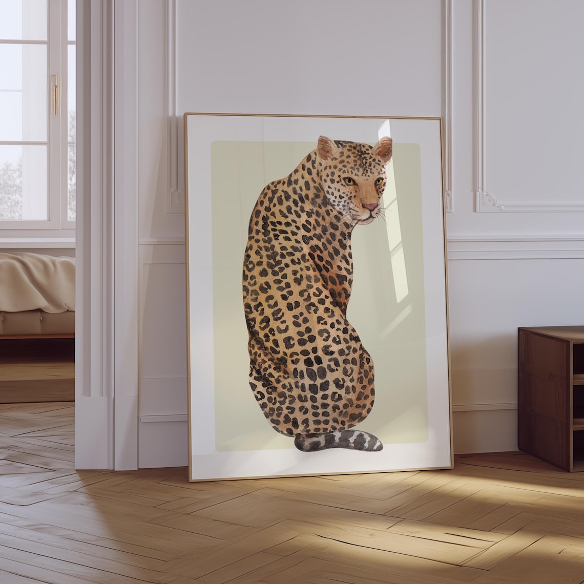 Leopard Watercolor Big Cat Sitting Sage Green Wildlife Art Poster