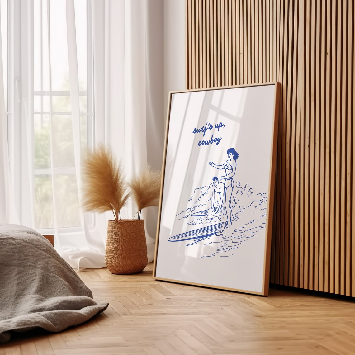 Surf's Up Cowboy Retro Blue Line Art Surfer Couple Wall Poster - Image 3