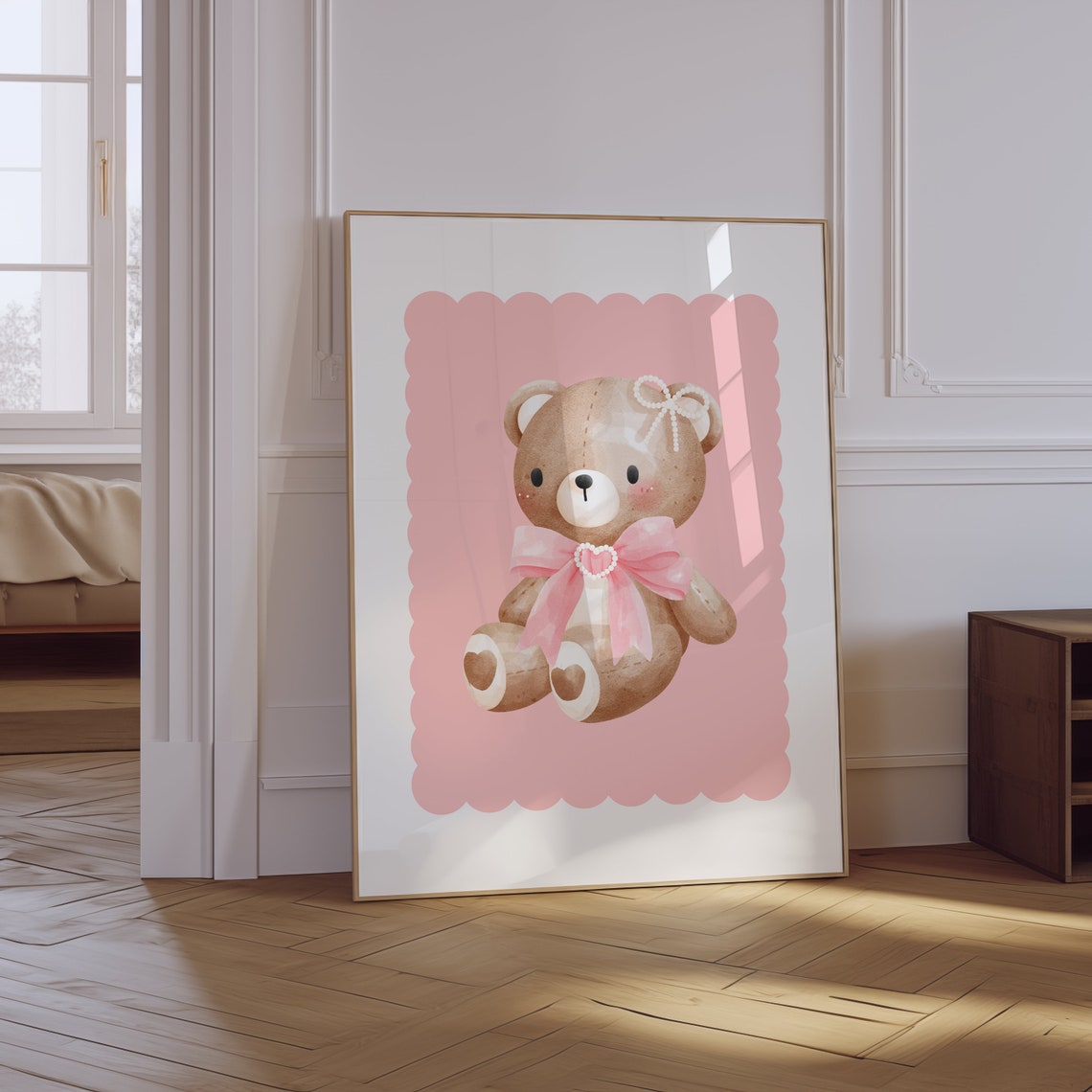 Cute Teddy Bear Pink Bow Scalloped Frame Coquette Nursery Wall Art