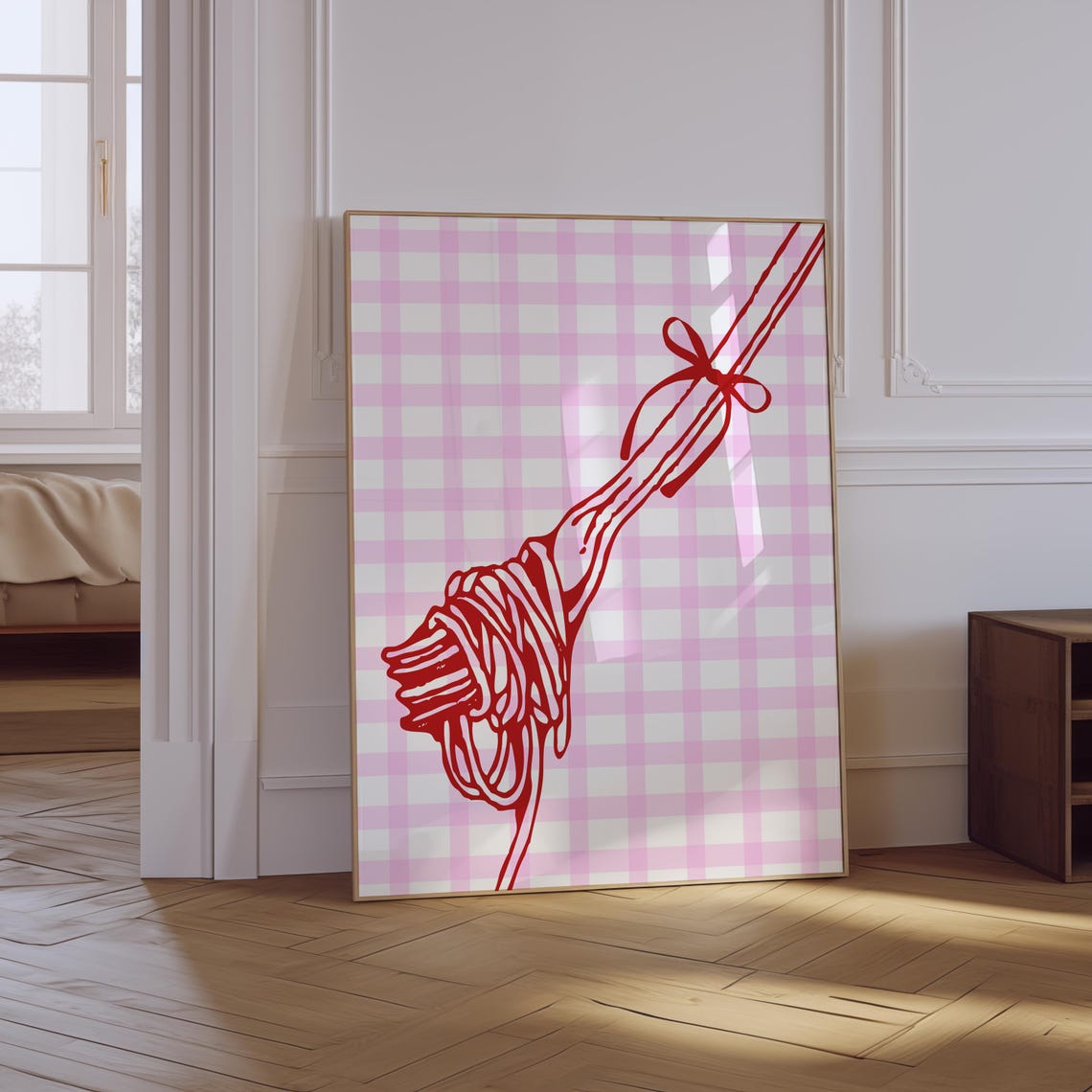Red Spaghetti Twirl Fork Bow Pink Gingham Trendy Kitchen Food Poster
