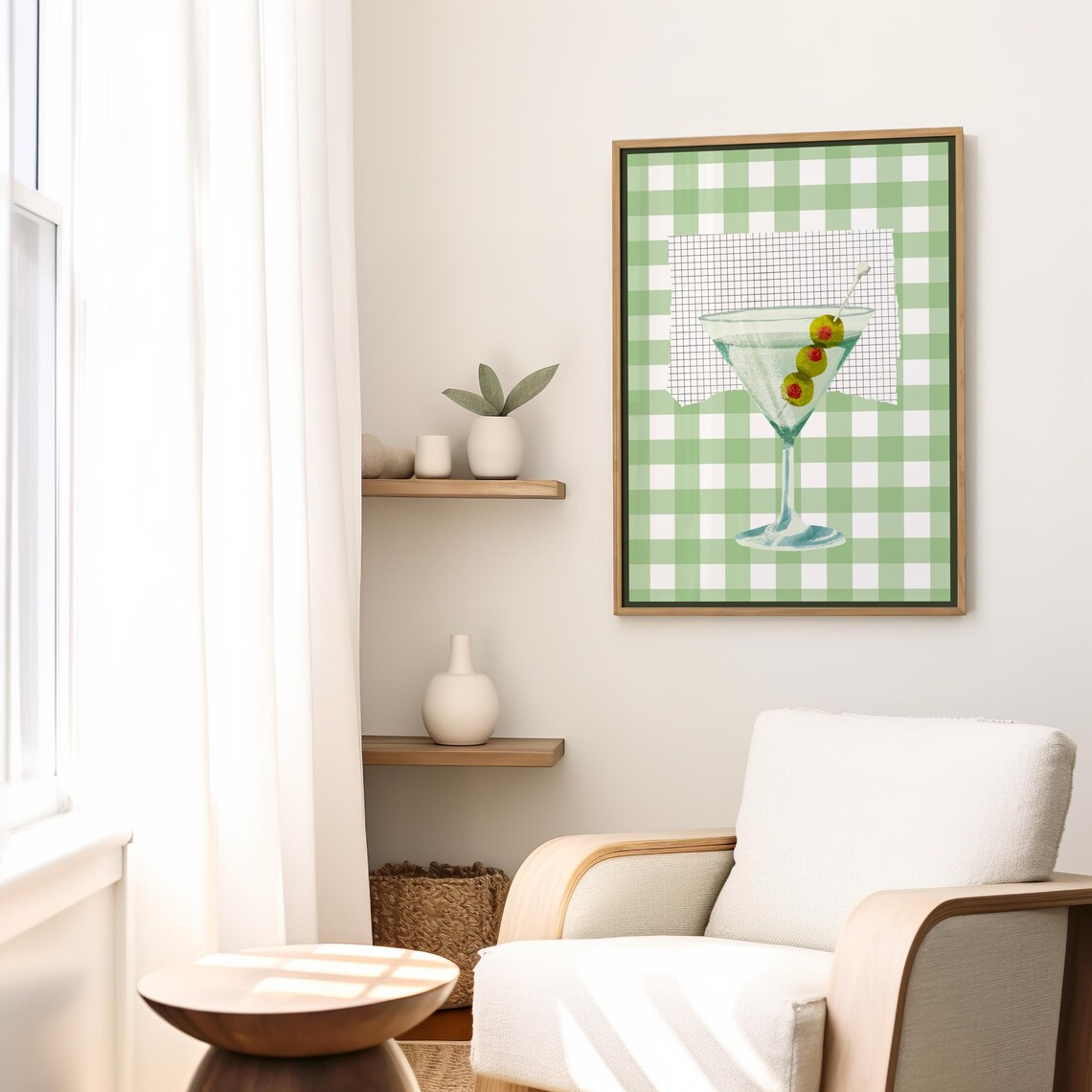 Extra Dirty Martini Olive Watercolor Green Gingham Bar Cart Poster - Image 3