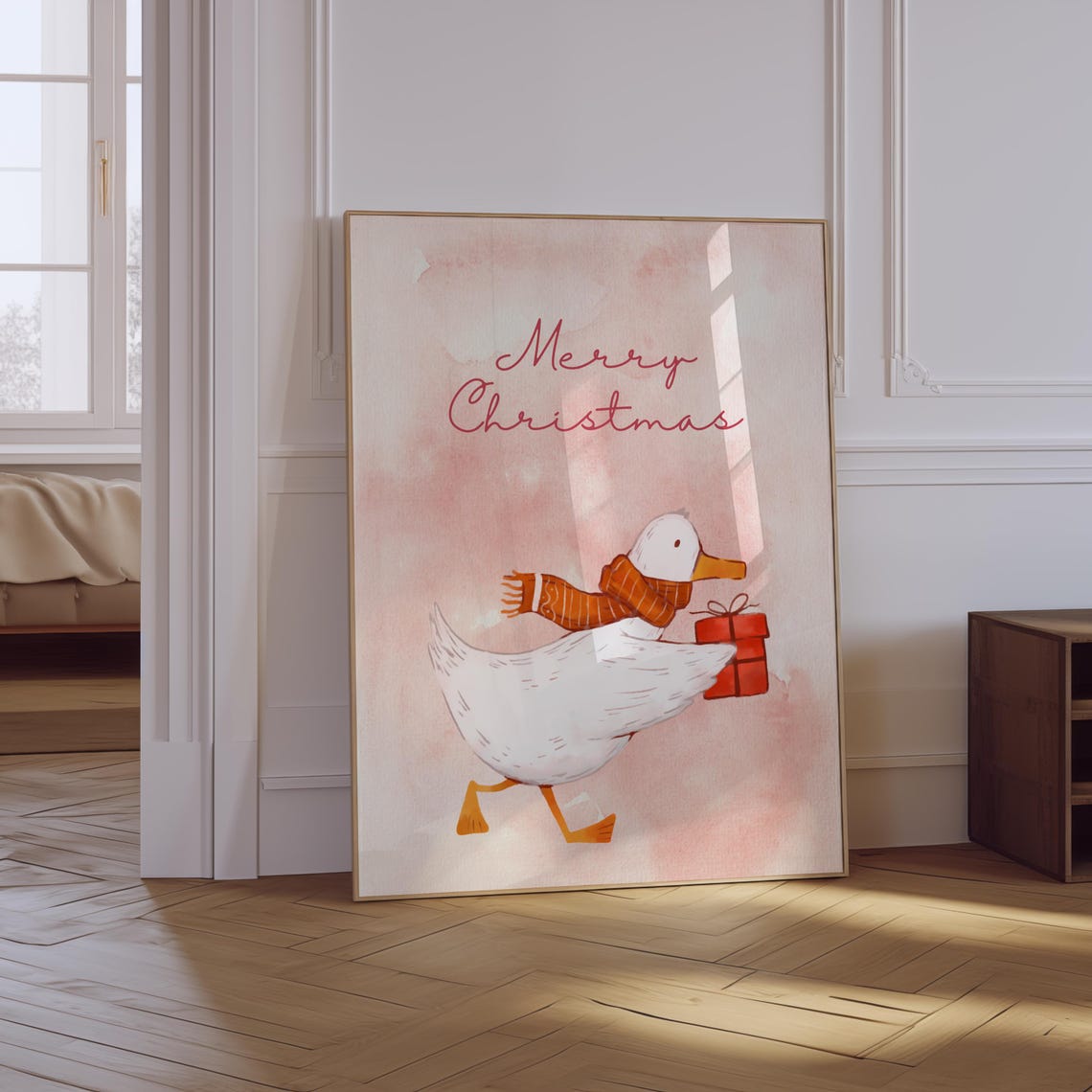 Merry Christmas Duck Watercolor Poster Cute Pink Holiday Nursery Art - Image 2